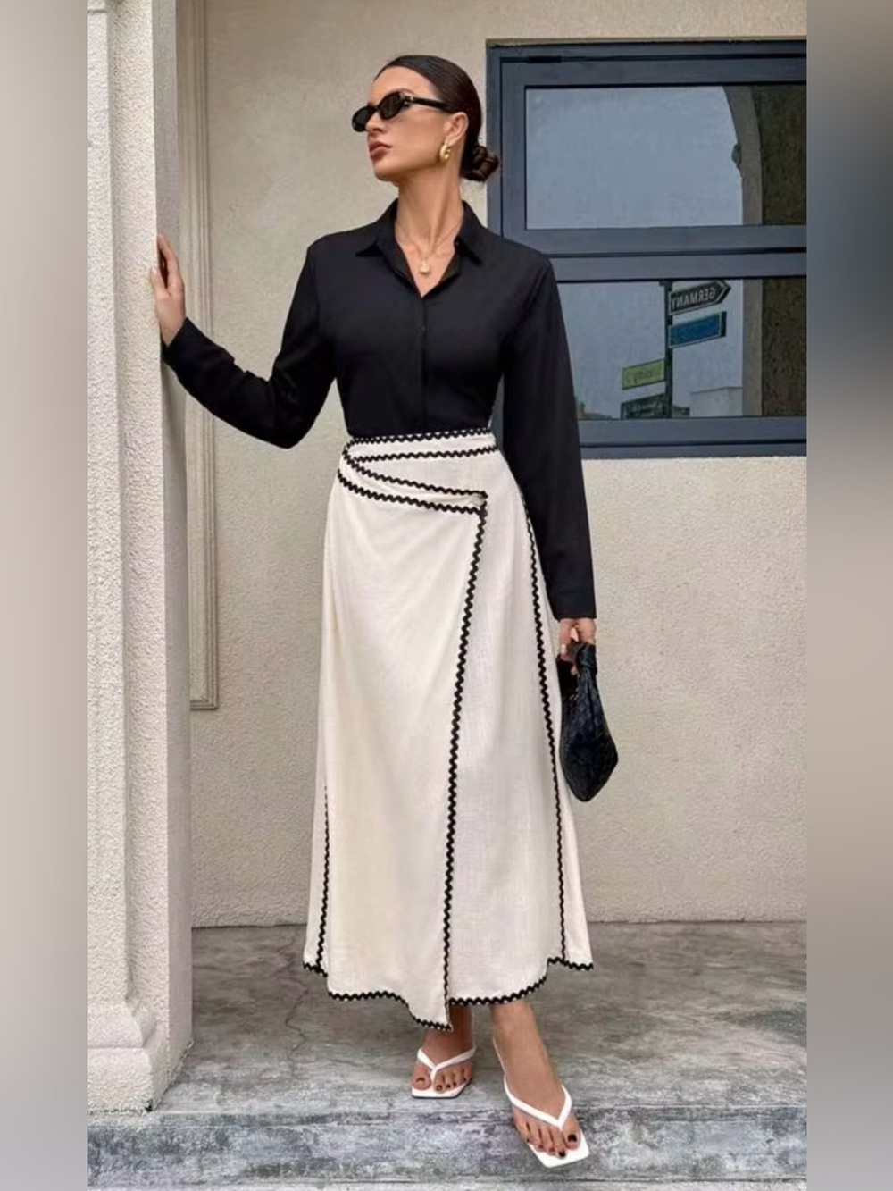 Commence Cotton & Linen Wave Trim Midi Skirt